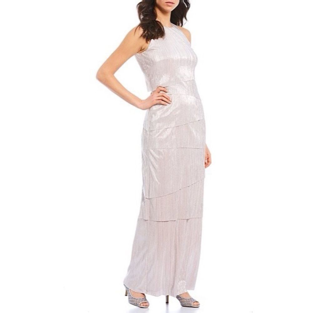 Teagan High Round Neck Tiered Pleated Gown NWT
